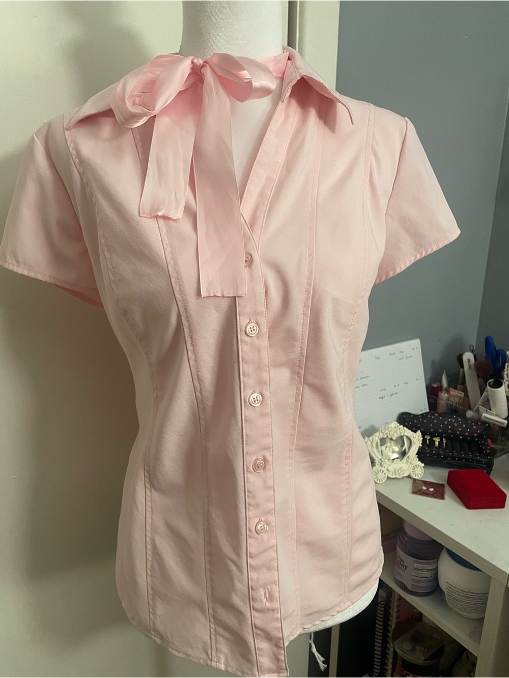 Women's Pink Bow Tie Button-Down Blouse